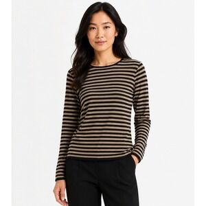 Silx Petites Silk Knit Striped Long Sleeve Top Black Tan Crew Neck Medium Petite